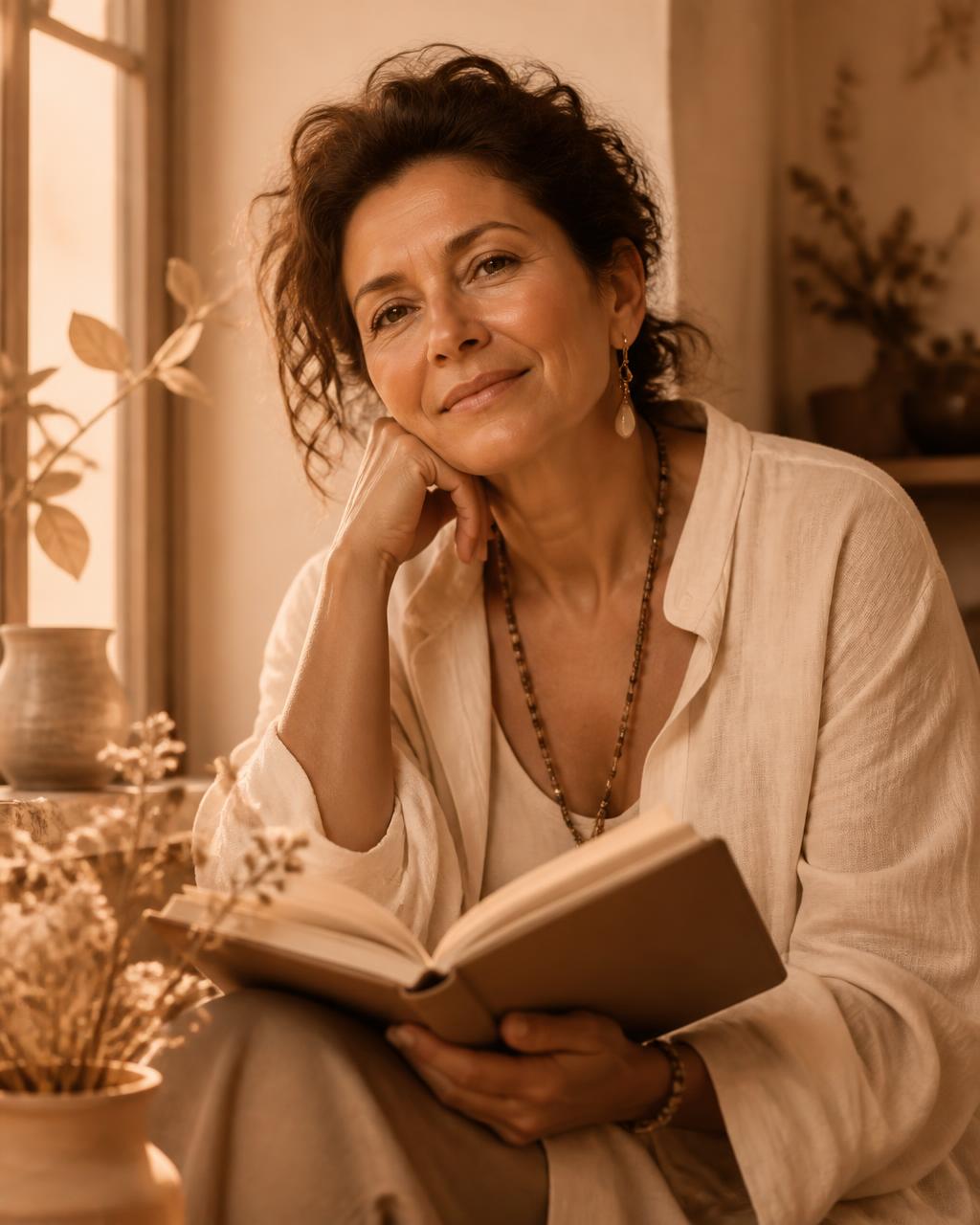 Nilça Feitosa, escritora, com um livro nas mãos